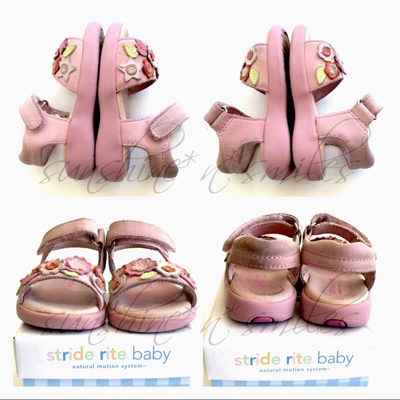 Stride Rite BABY LOVE Toddler Girl 4M Leather PINK FLORAL Velcro Sandals Shoes - Picture 7 of 9
